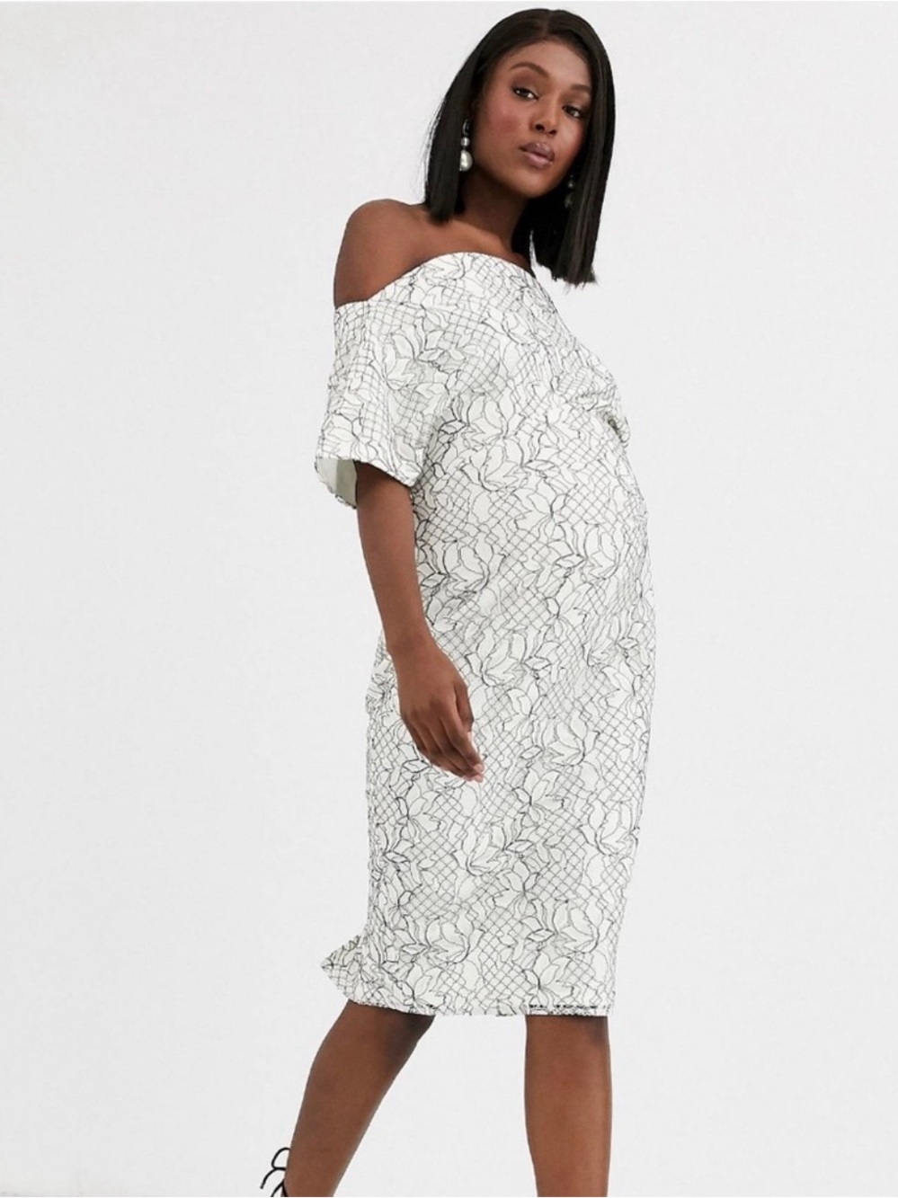ASOS Maternity White Dress with Black Floral Stitching